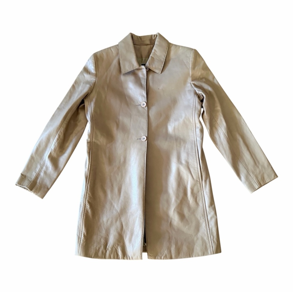 Identity Henri Bendel Beige Short Coat Leather Jacket A Line Collar Size 8